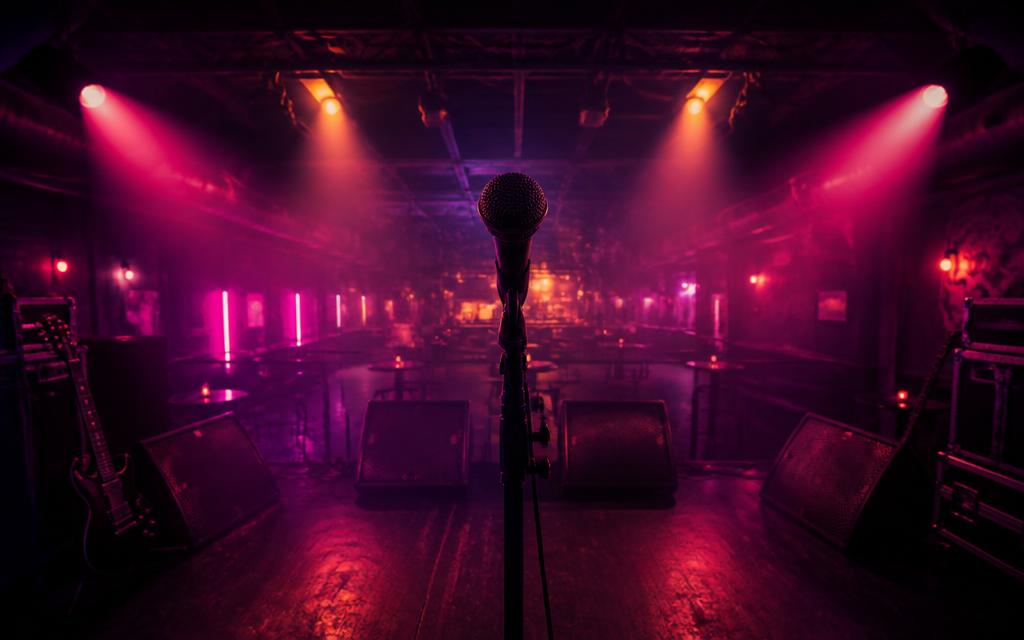 Neon-lit concert stage with a microphone